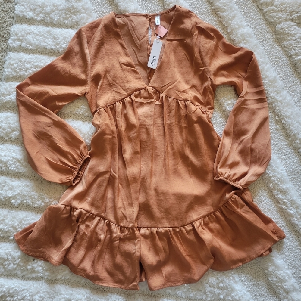 Glam Light Copper V Neck Long Sleeve Ruffle Mini Dress size Small